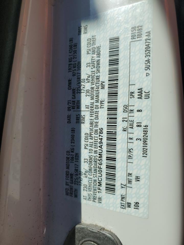 1FMCU0F65MUA94786 FORD ESCAPE 2021