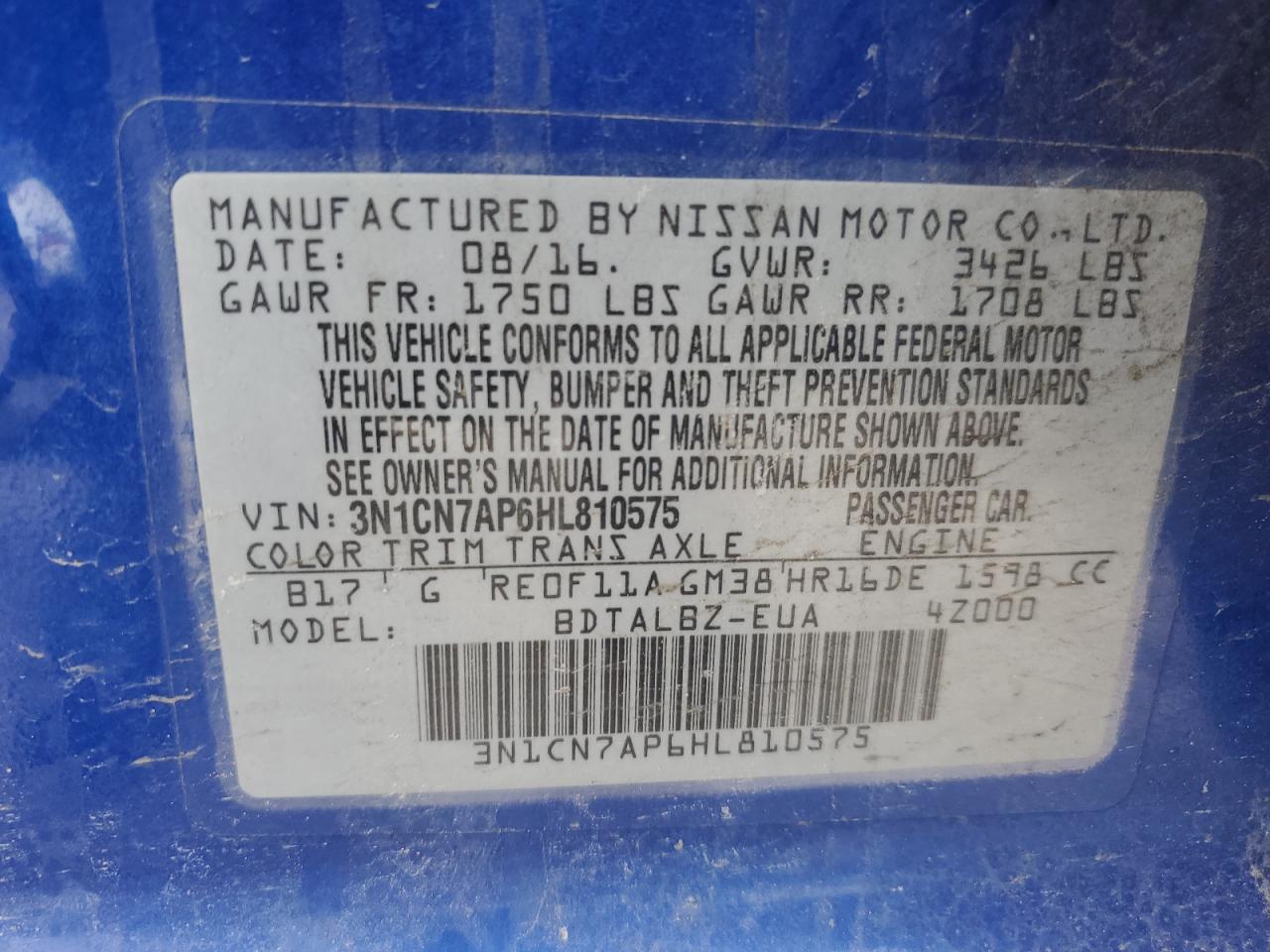 3N1CN7AP6HL810575 NISSAN VERSA 2017