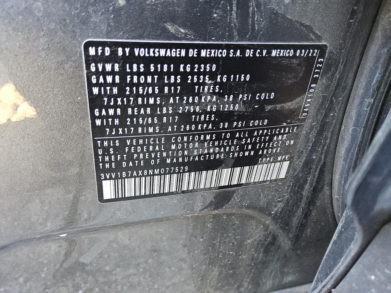 2022 Volkswagen Tiguan S VIN: 3VV1B7AX8NM077529 Lot: 87303215