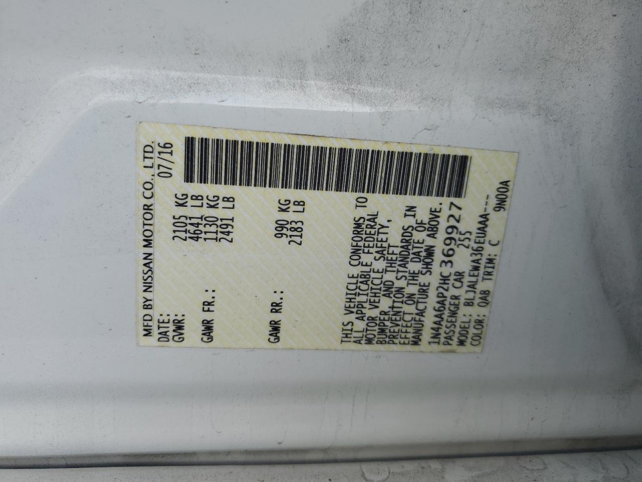 1N4AA6AP2HC369927 NISSAN MAXIMA 2017
