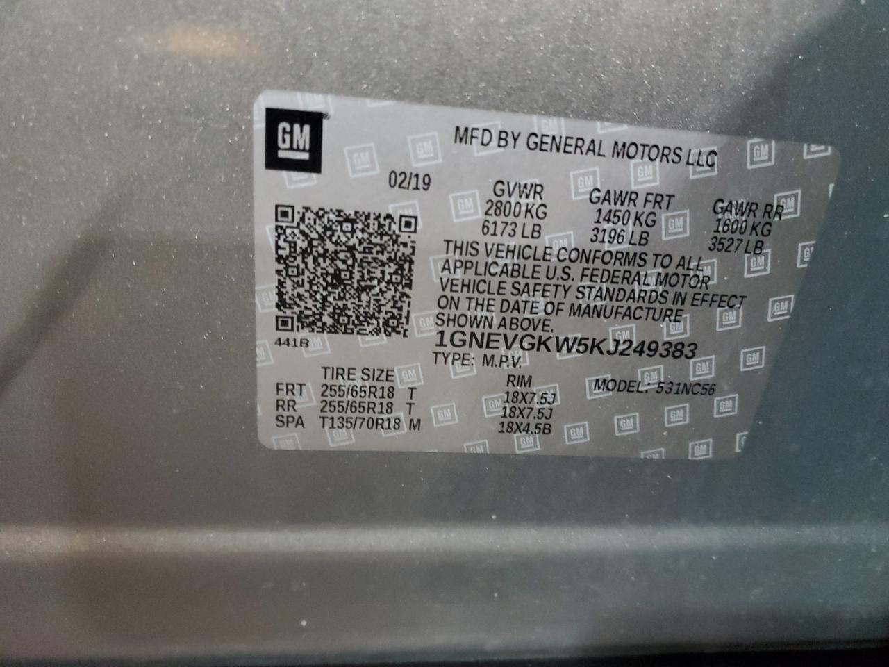 1GNEVGKW5KJ249383 CHEVROLET TRAVERSE 2019
