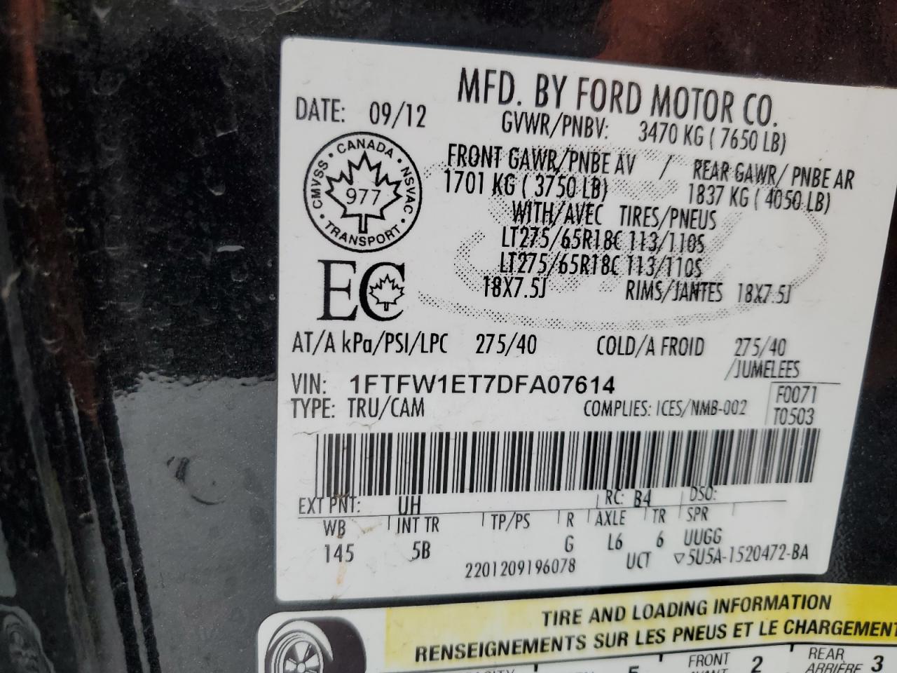 2013 Ford F150 Supercrew VIN: 1FTFW1ET7DFA07614 Lot: 43927855