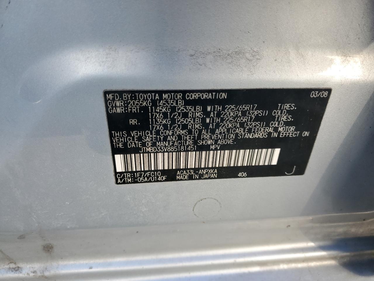 2008 Toyota Rav4 VIN: JTMBD33V885181451 Lot: 46628985