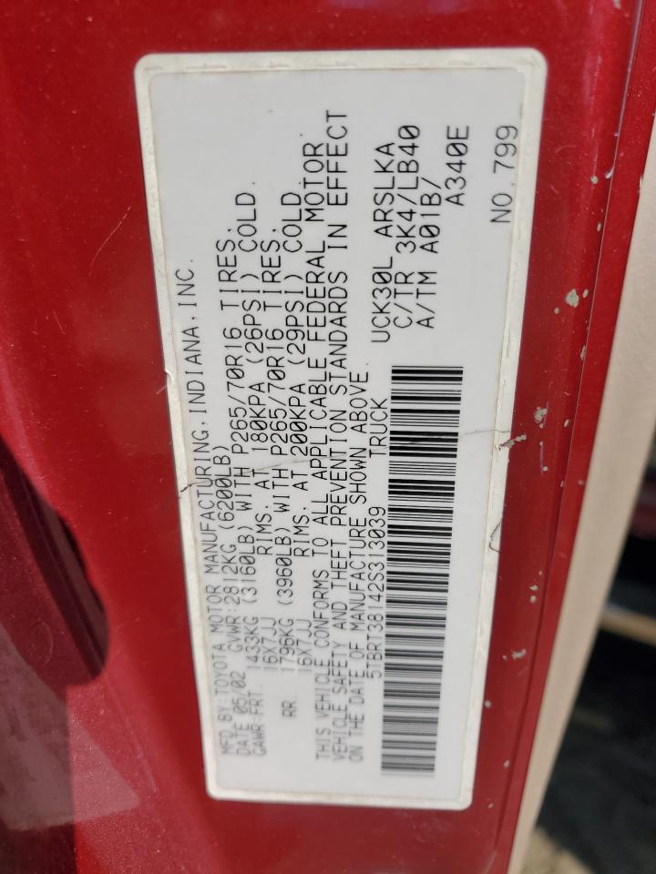 2002 Toyota Tundra Access Cab Limited VIN: 5TBRT38142S313039 Lot: 45213425