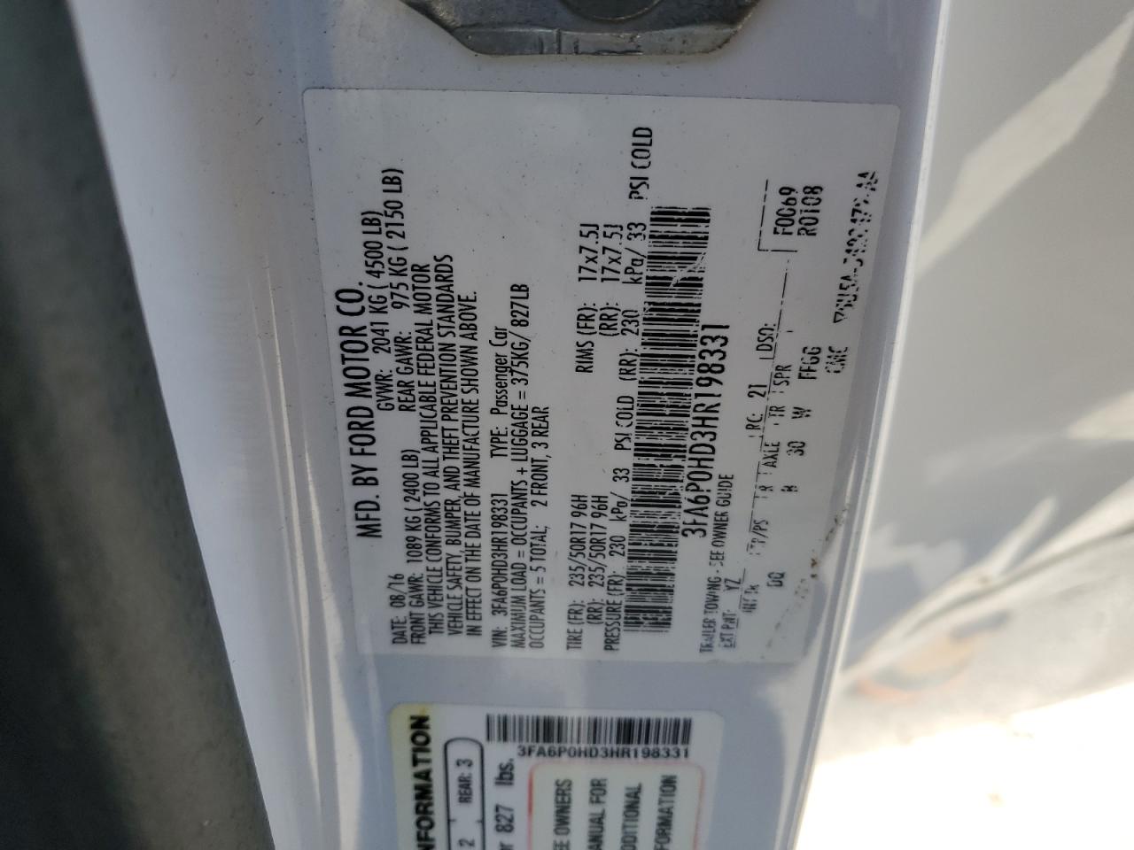 3FA6P0HD3HR198331 FORD FUSION 2017