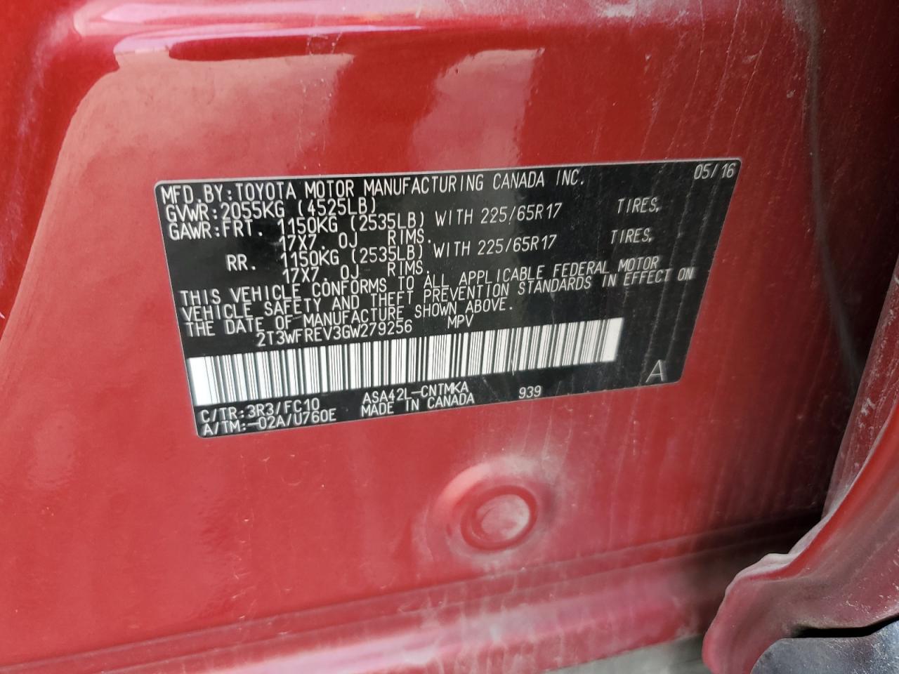 2T3WFREV3GW279256 TOYOTA RAV4 2016