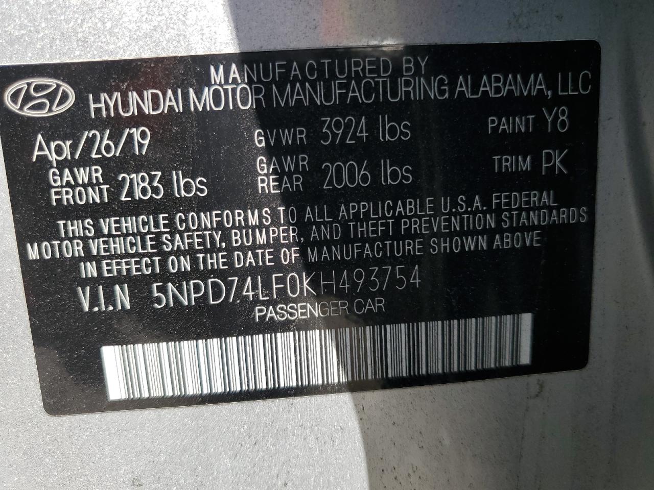 5NPD74LF0KH493754 HYUNDAI ELANTRA 2019