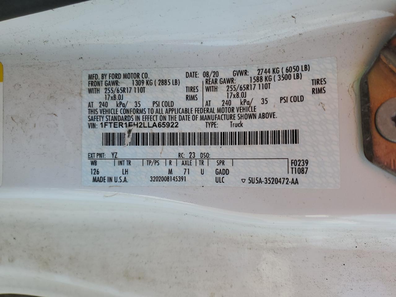 1FTER1EH2LLA65922 FORD RANGER 2020