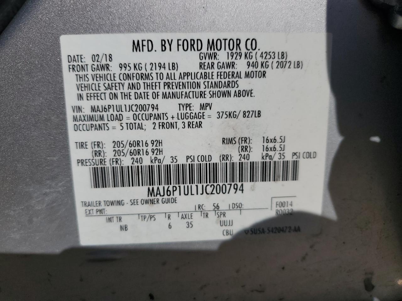 MAJ6P1UL1JC200794 FORD ECOSPORT 2018
