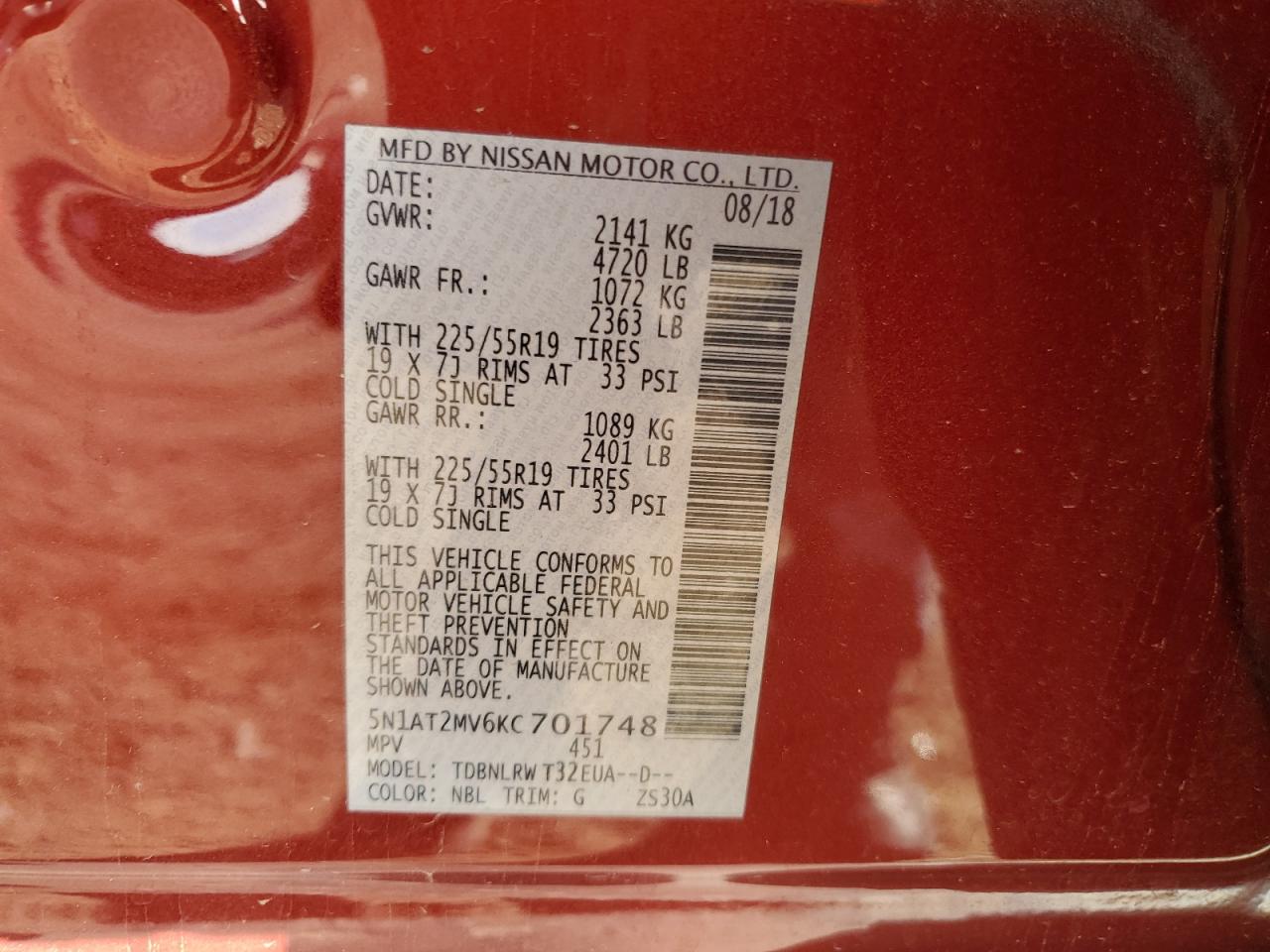 5N1AT2MV6KC701748 NISSAN ROGUE 2019