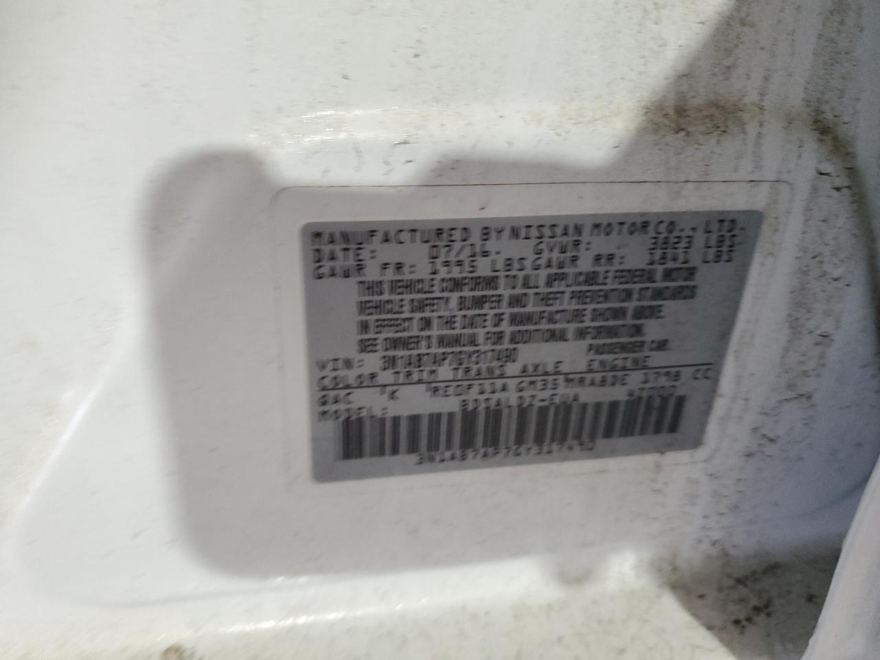 3N1AB7AP7GY317490 NISSAN SENTRA 2016