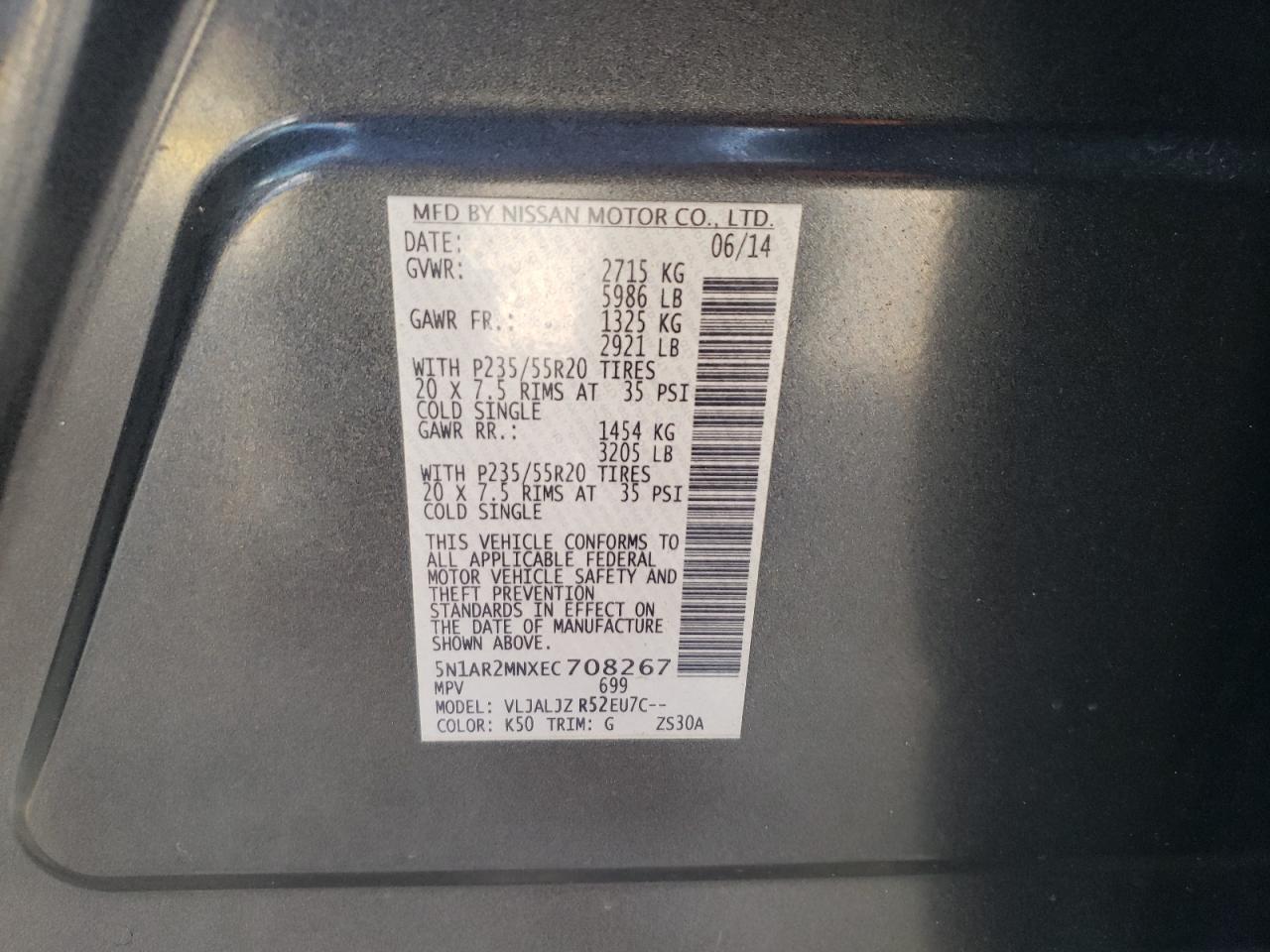 2014 Nissan Pathfinder S VIN: 5N1AR2MNXEC708267 Lot: 43646665