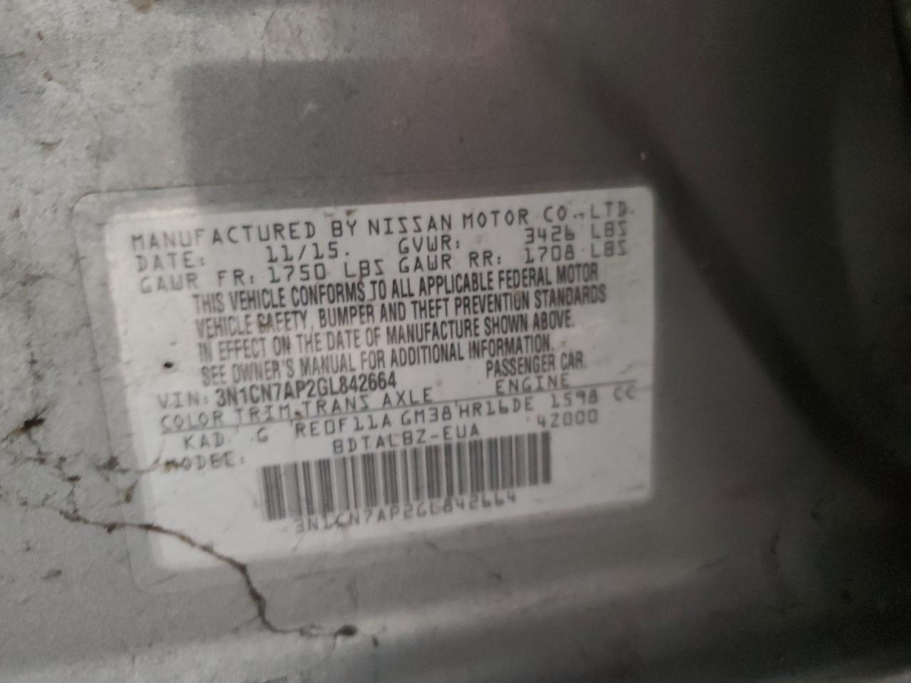 3N1CN7AP2GL842664 NISSAN VERSA 2016