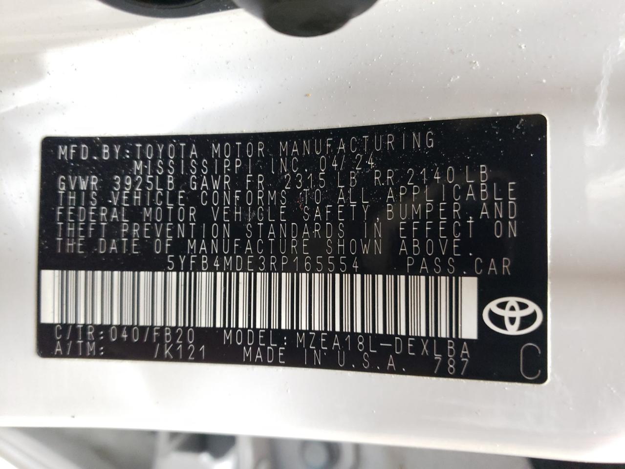 5YFB4MDE3RP165554 TOYOTA COROLLA 2024