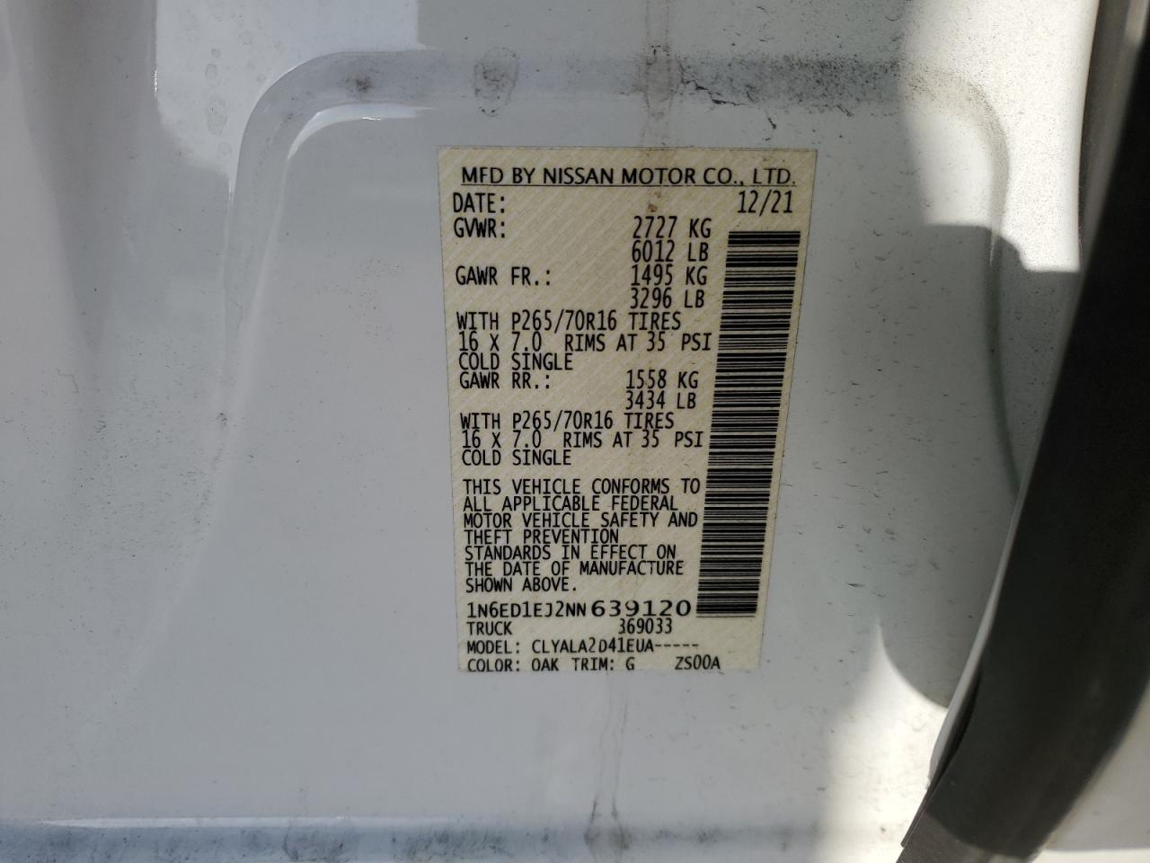 1N6ED1EJ2NN639120 NISSAN FRONTIER 2022