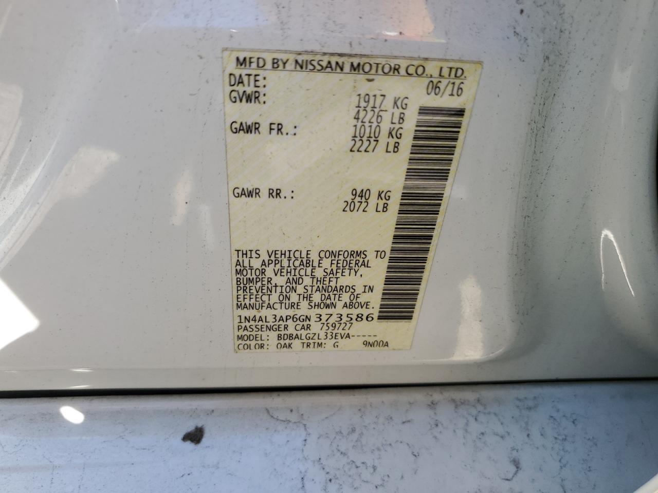 1N4AL3AP6GN373586 NISSAN ALTIMA 2016