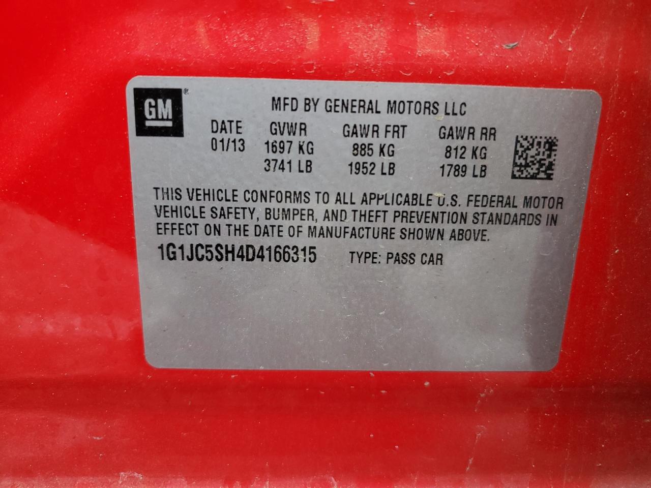 2013 Chevrolet Sonic Lt VIN: 1G1JC5SH4D4166315 Lot: 43648715