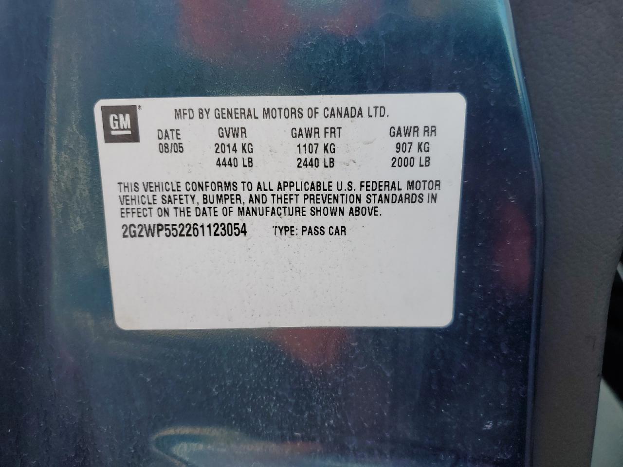 2006 Pontiac Grand Prix VIN: 2G2WP552261123054 Lot: 46732025
