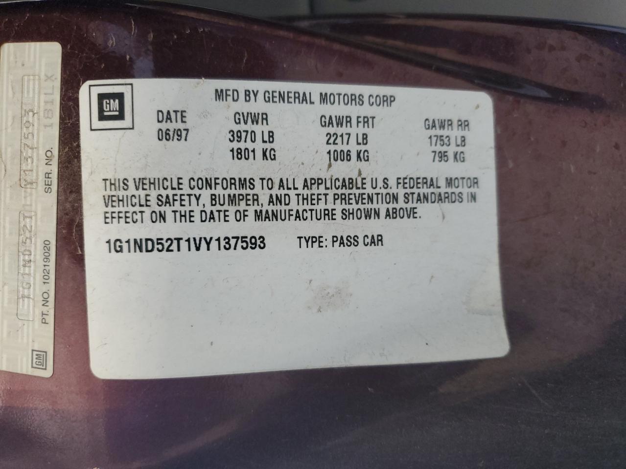 1997 Chevrolet Malibu VIN: 1G1ND52T1VY137593 Lot: 45561625