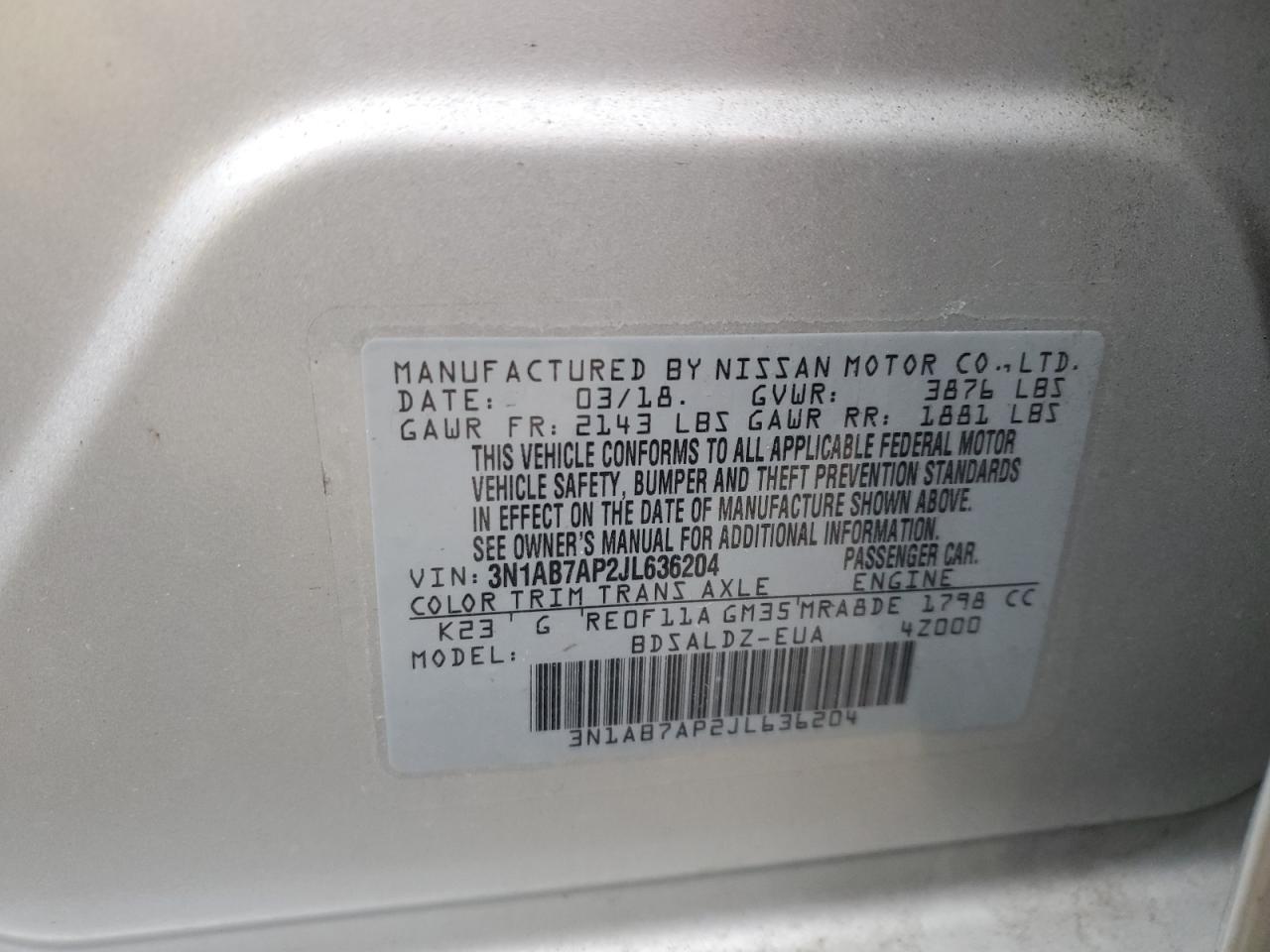 3N1AB7AP2JL636204 NISSAN SENTRA 2018