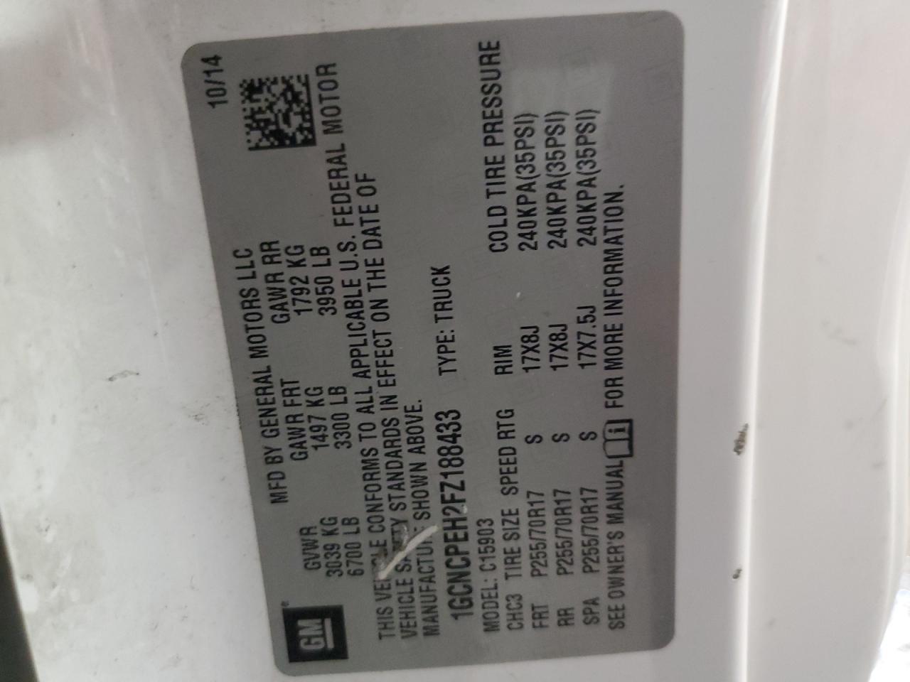 2015 Chevrolet Silverado C1500 VIN: 1GCNCPEH2FZ188433 Lot: 48120935