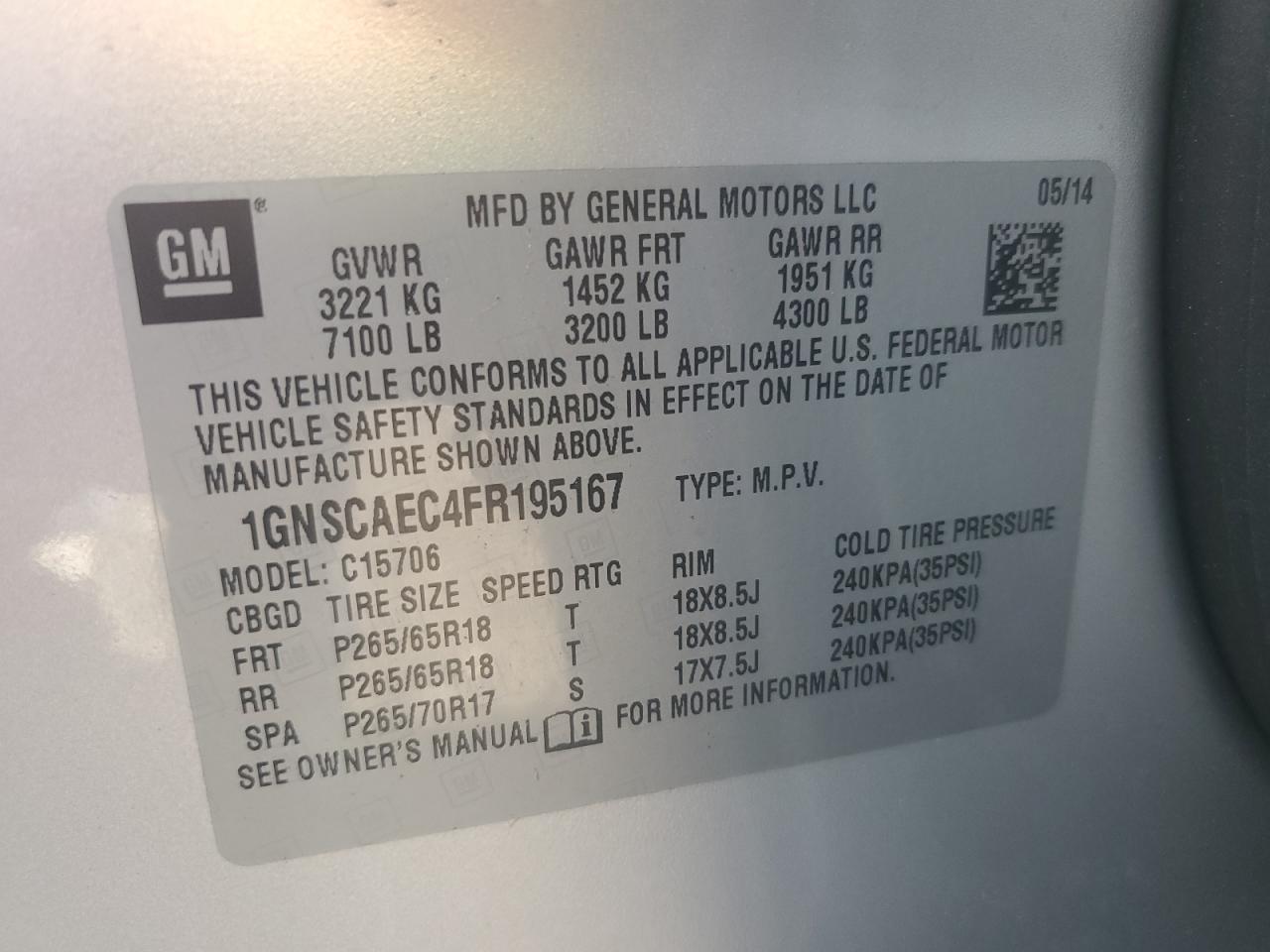 2015 Chevrolet Tahoe C1500 Ls VIN: 1GNSCAEC4FR195167 Lot: 45645895
