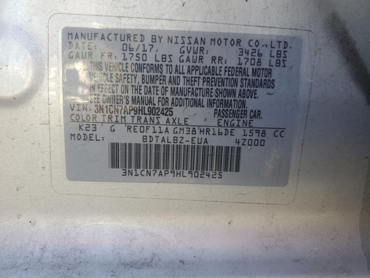 3N1CN7AP9HL902425 NISSAN VERSA 2017