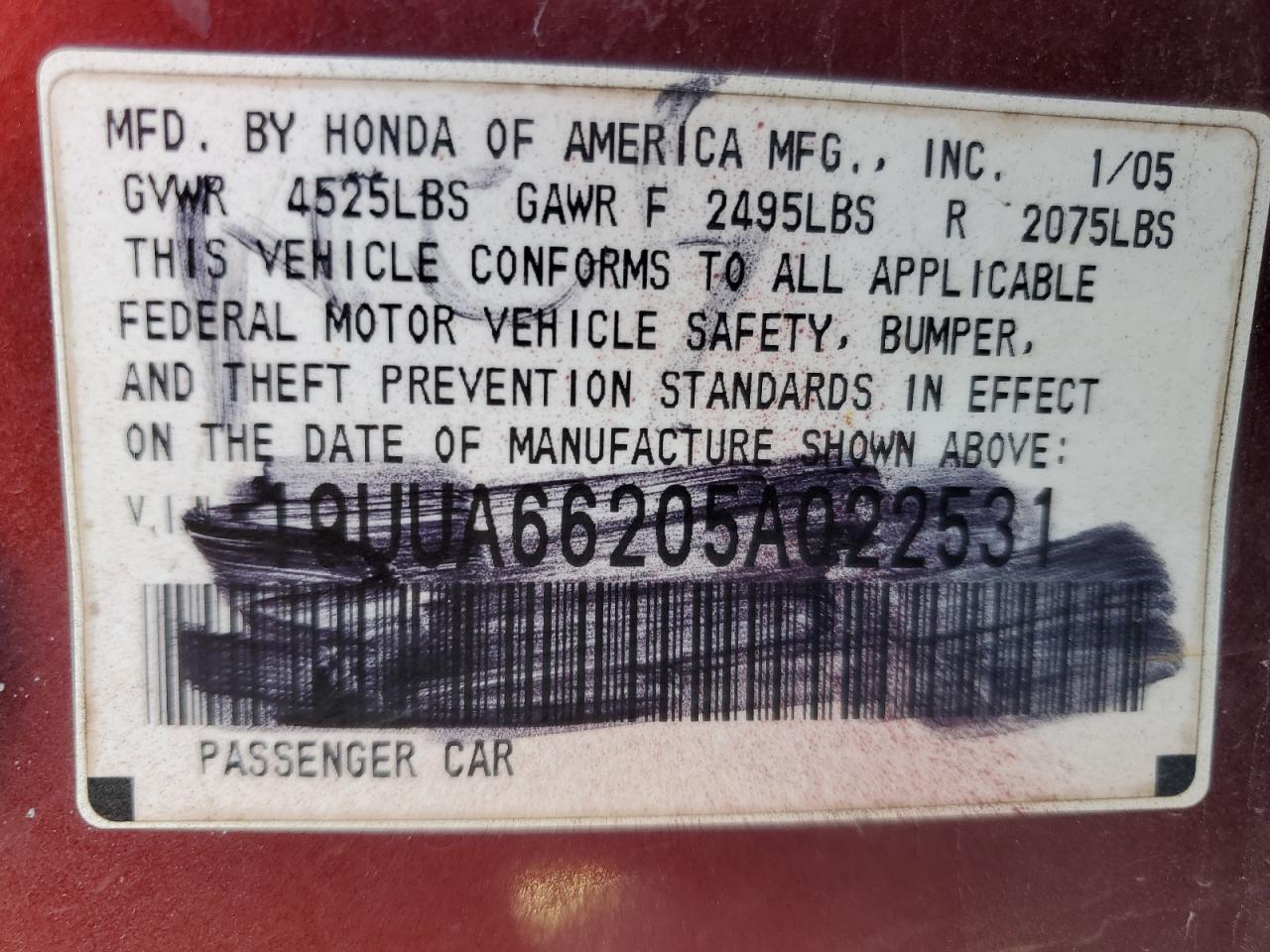 2005 Acura Tl VIN: 19UUA66205A022531 Lot: 45542715