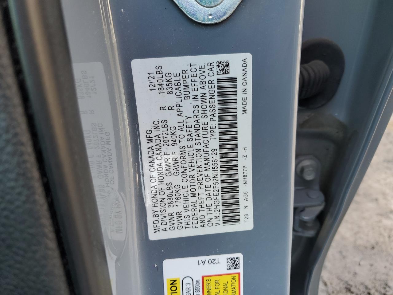 2HGFE2F52NH556129 HONDA CIVIC 2022
