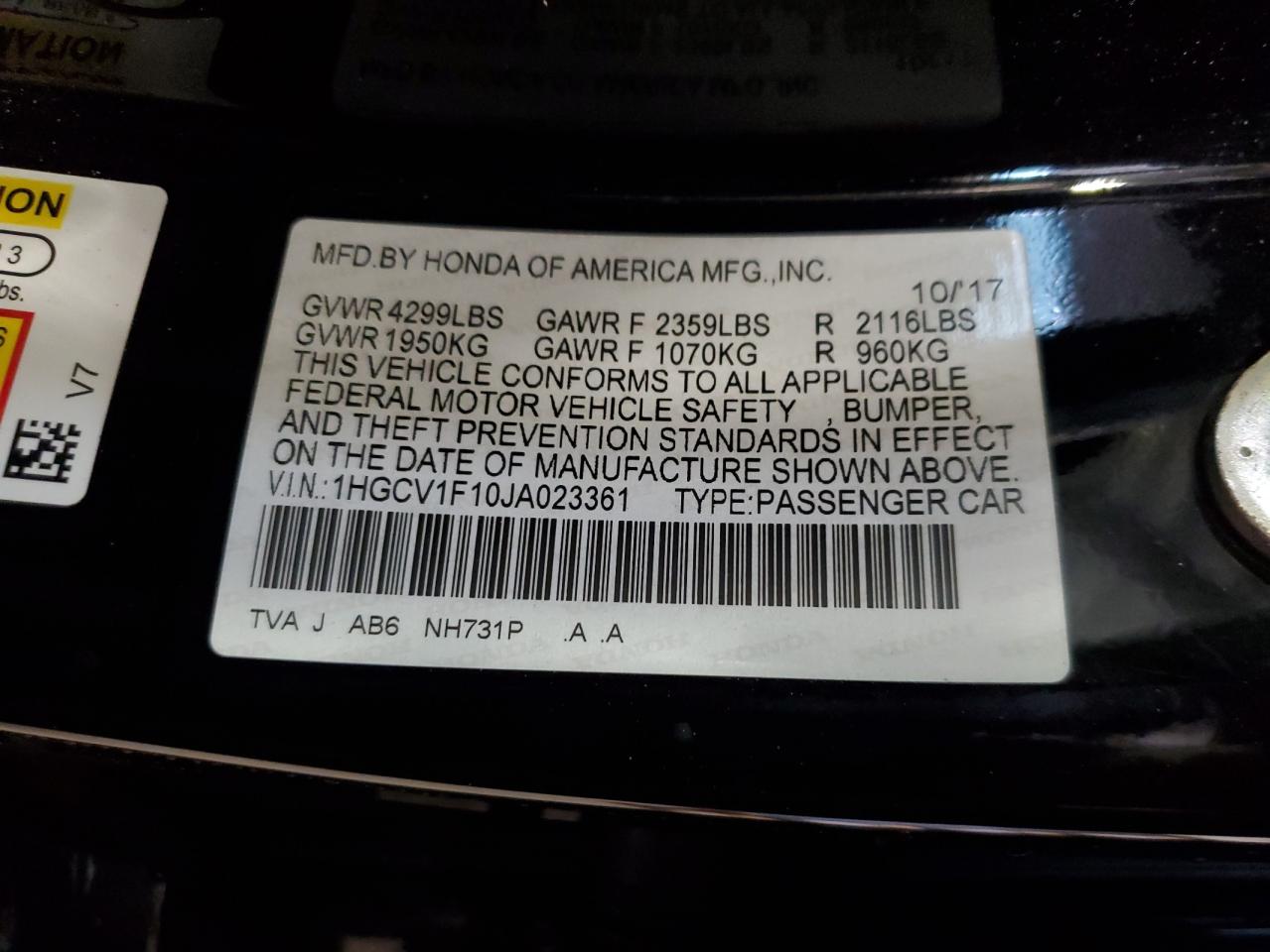 1HGCV1F10JA023361 HONDA ACCORD 2018