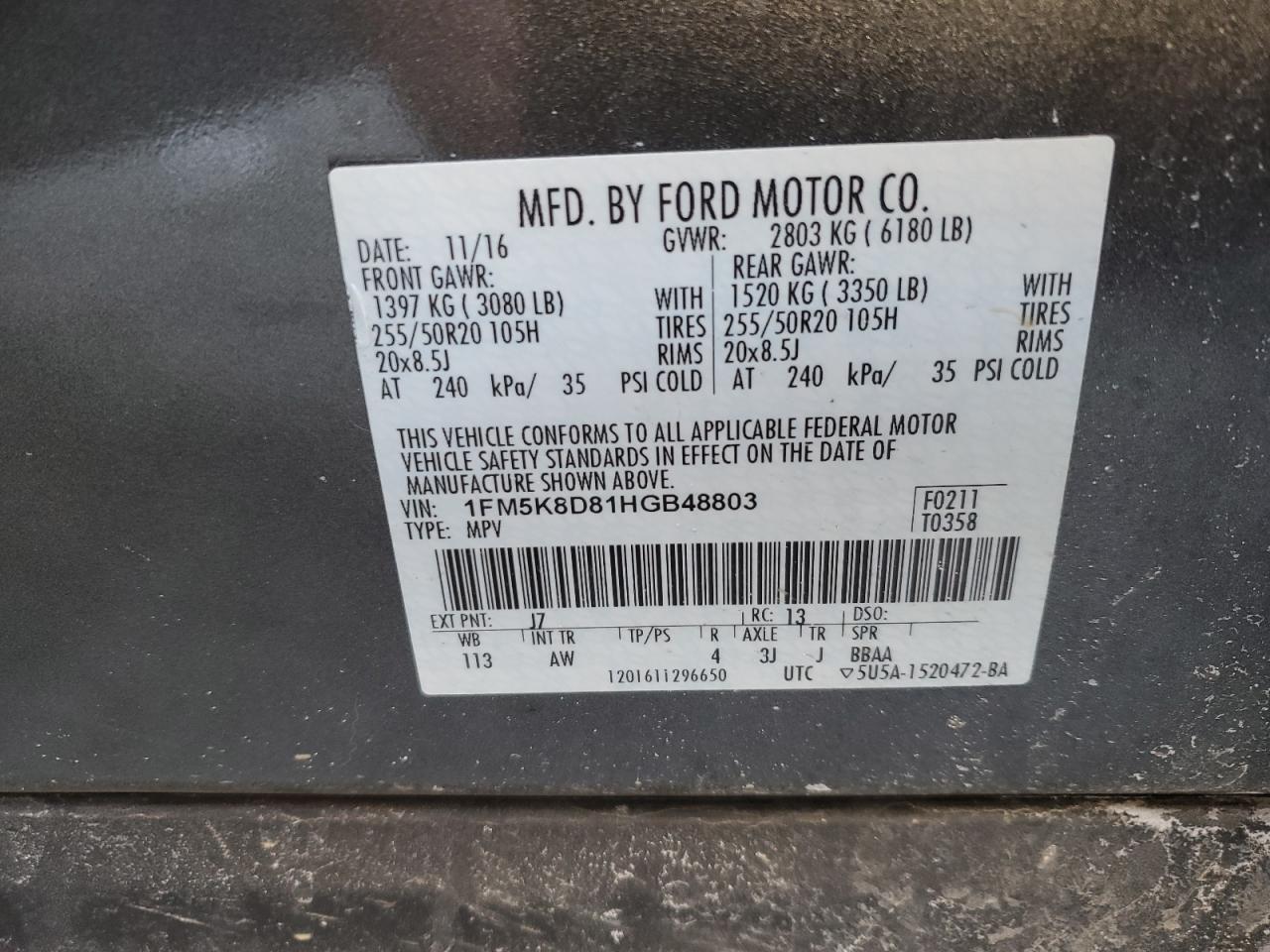 1FM5K8D81HGB48803 FORD EXPLORER 2017