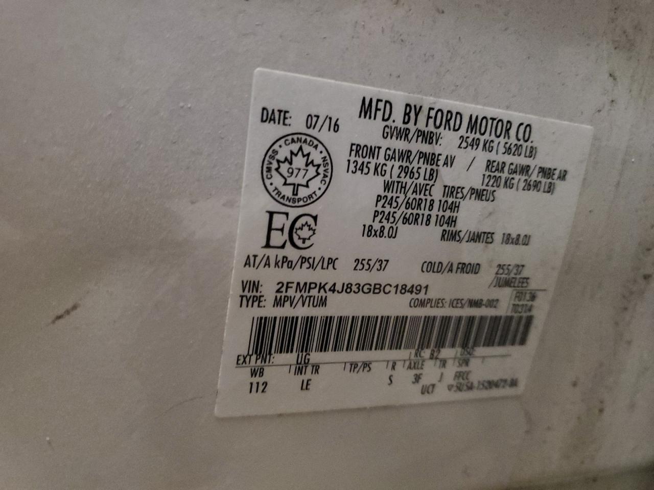 2FMPK4J83GBC18491 FORD EDGE 2016