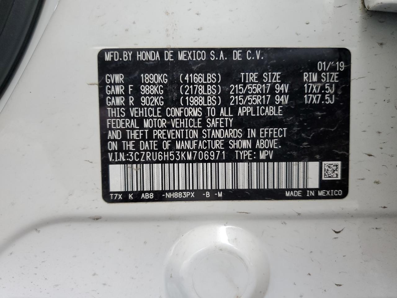 3CZRU6H53KM706971 HONDA HR-V 2019