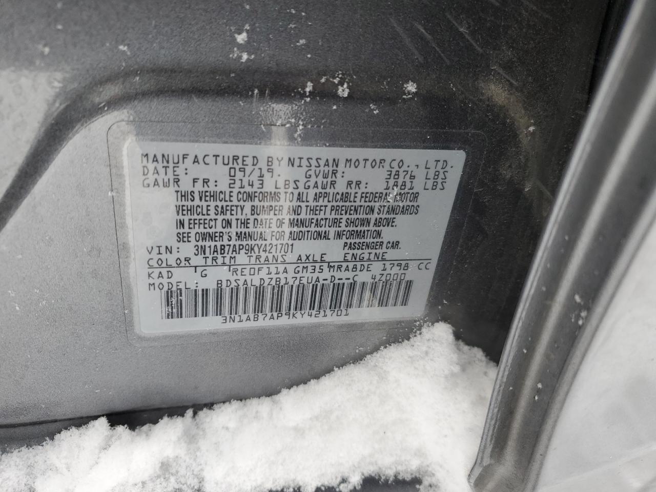 3N1AB7AP9KY421701 NISSAN SENTRA 2019