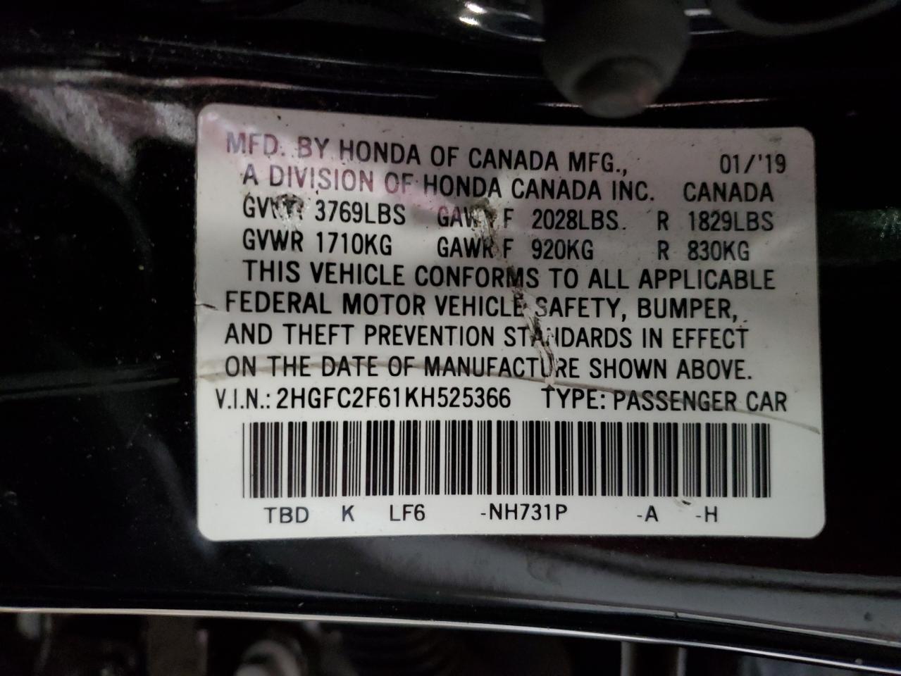 2HGFC2F61KH525366 HONDA CIVIC 2019