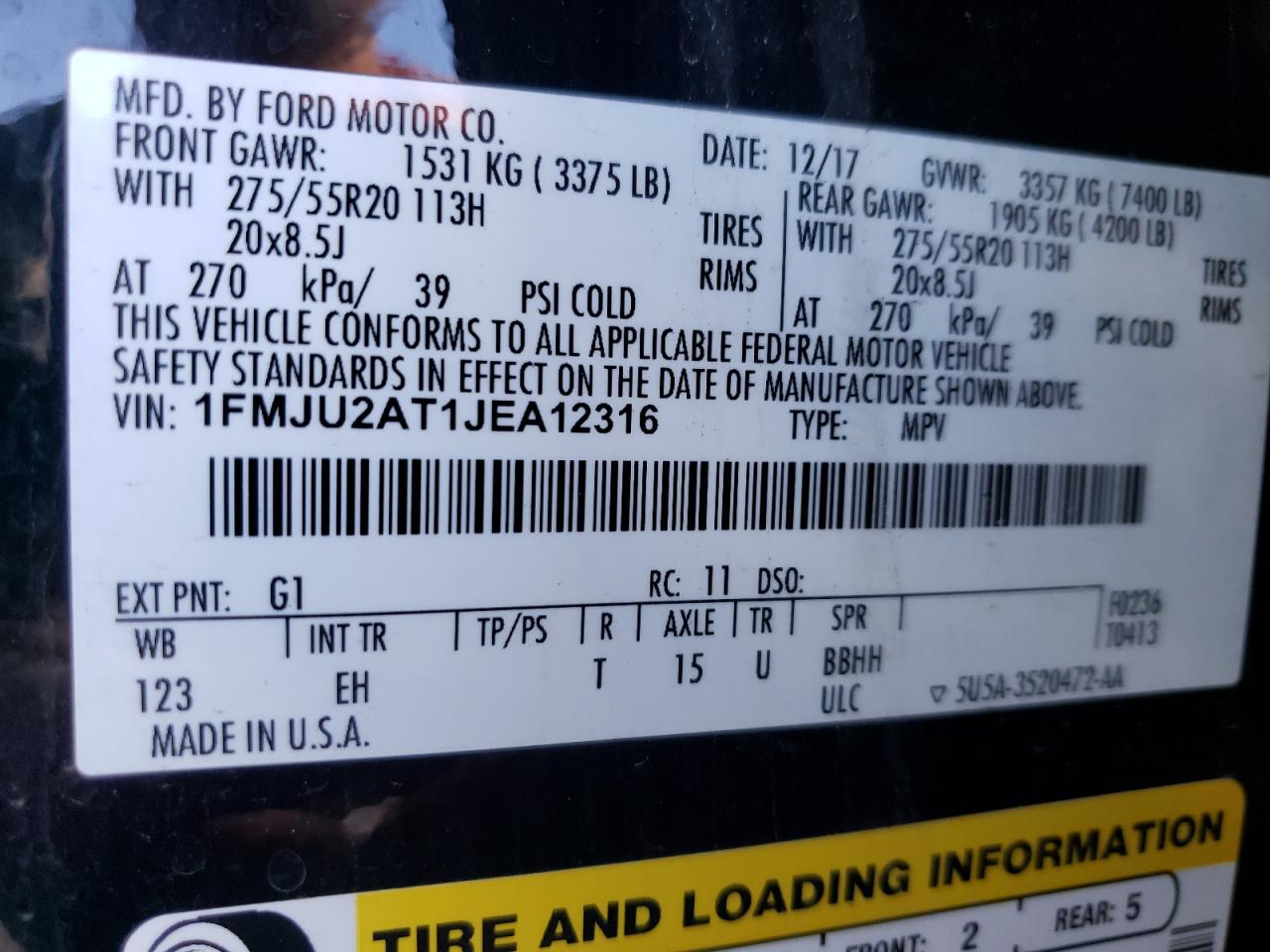 1FMJU2AT1JEA12316 FORD EXPEDITION 2018