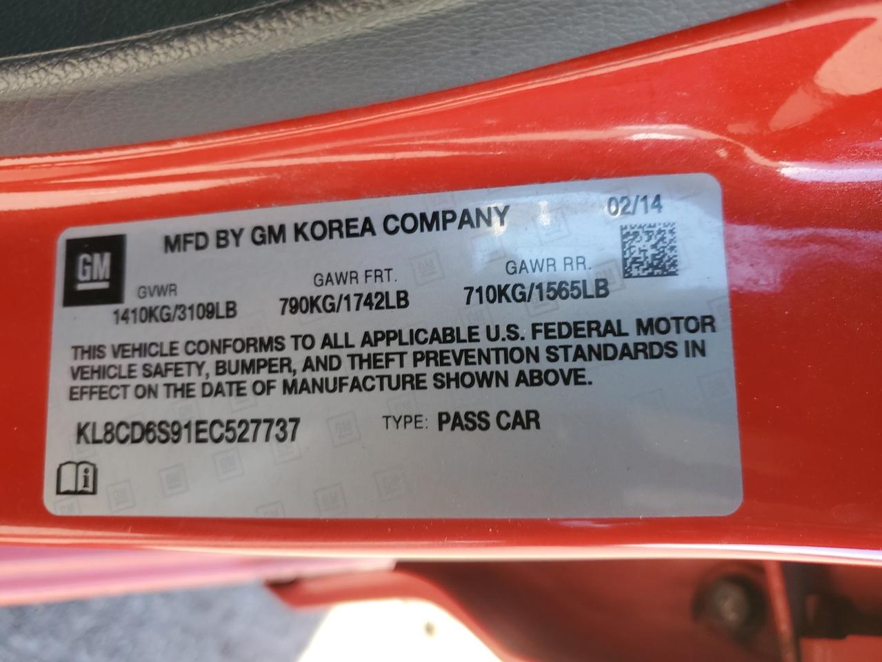 2014 Chevrolet Spark 1Lt VIN: KL8CD6S91EC527737 Lot: 45956045
