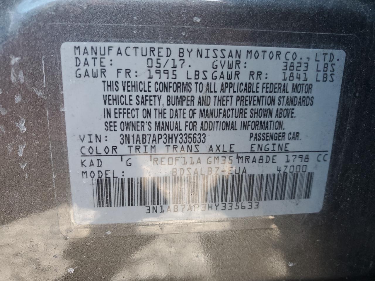 3N1AB7AP3HY335633 NISSAN SENTRA 2017