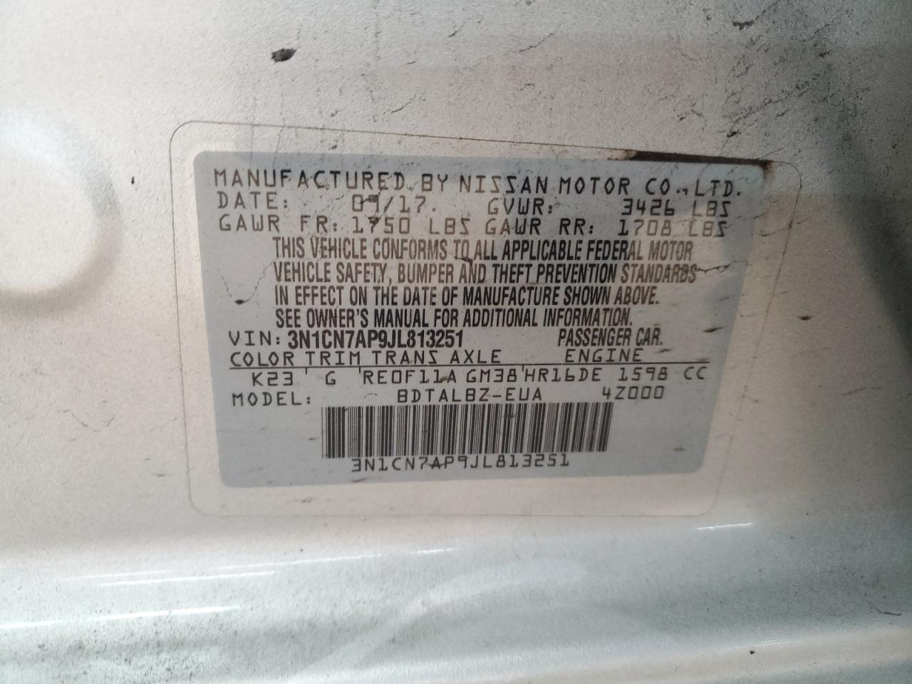 3N1CN7AP9JL813251 NISSAN VERSA 2018