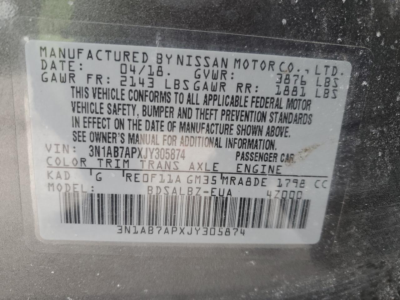 3N1AB7APXJY305874 NISSAN SENTRA 2018