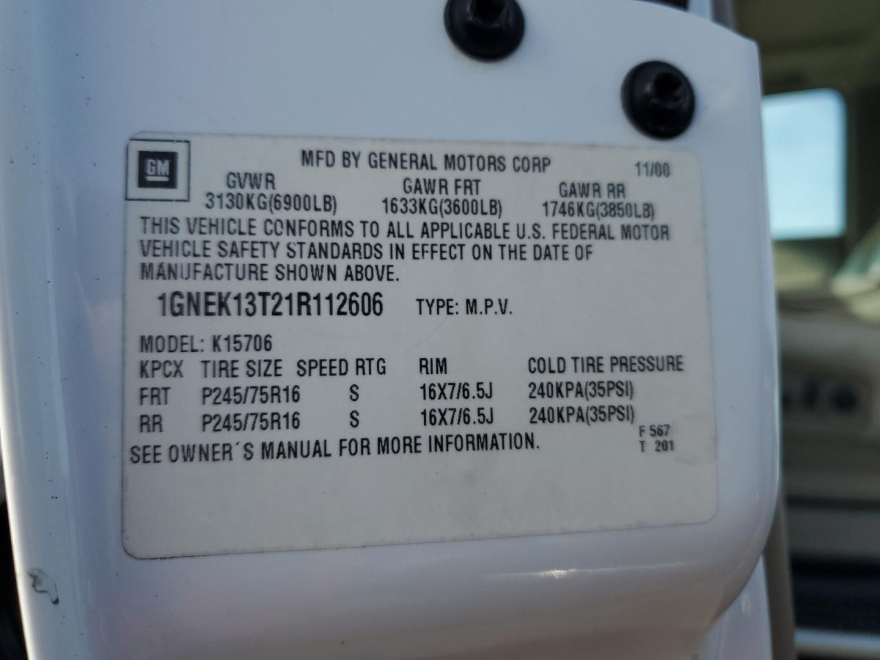 2001 Chevrolet Tahoe K1500 VIN: 1GNEK13T21R112606 Lot: 45729635