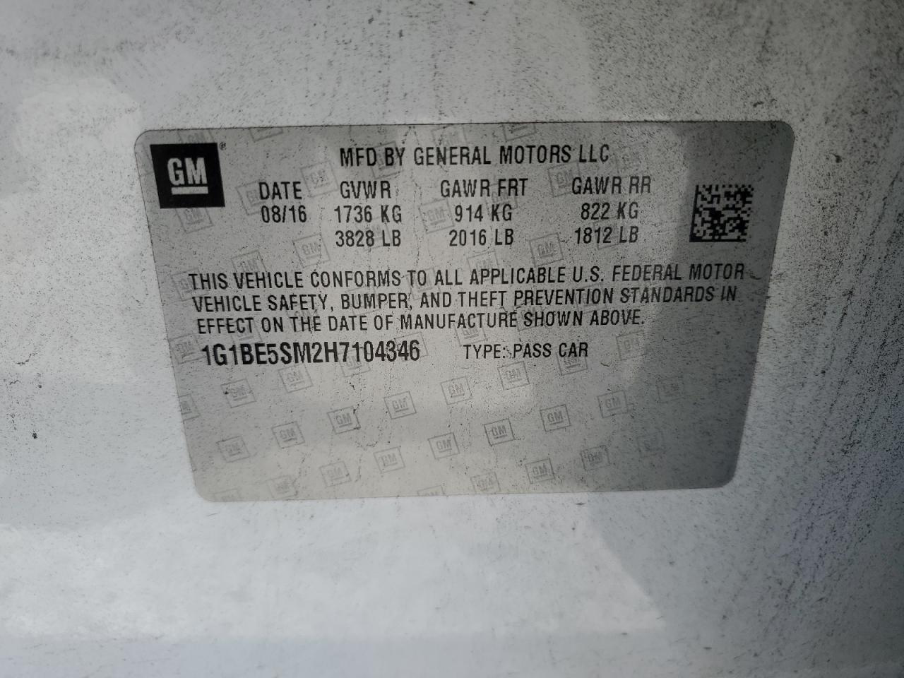 1G1BE5SM2H7104346 CHEVROLET CRUZE 2017