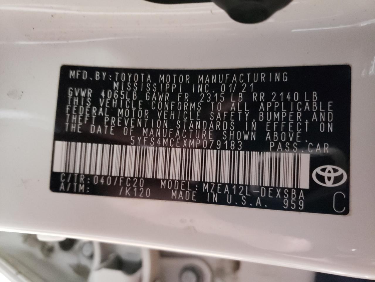 5YFS4MCEXMP079183 TOYOTA COROLLA 2021
