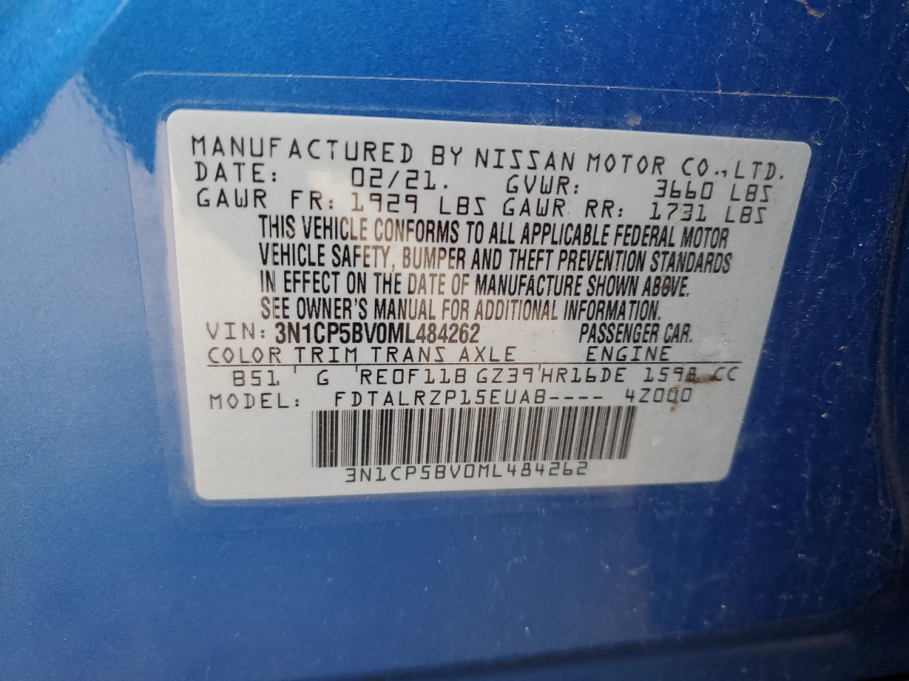 3N1CP5BV0ML484262 NISSAN KICKS 2021