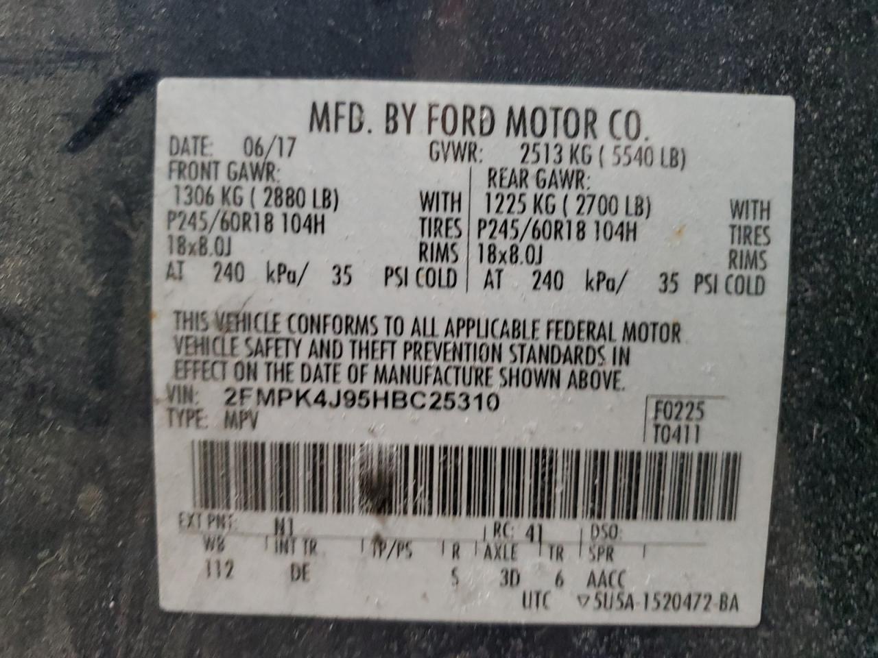 2FMPK4J95HBC25310 FORD EDGE 2017