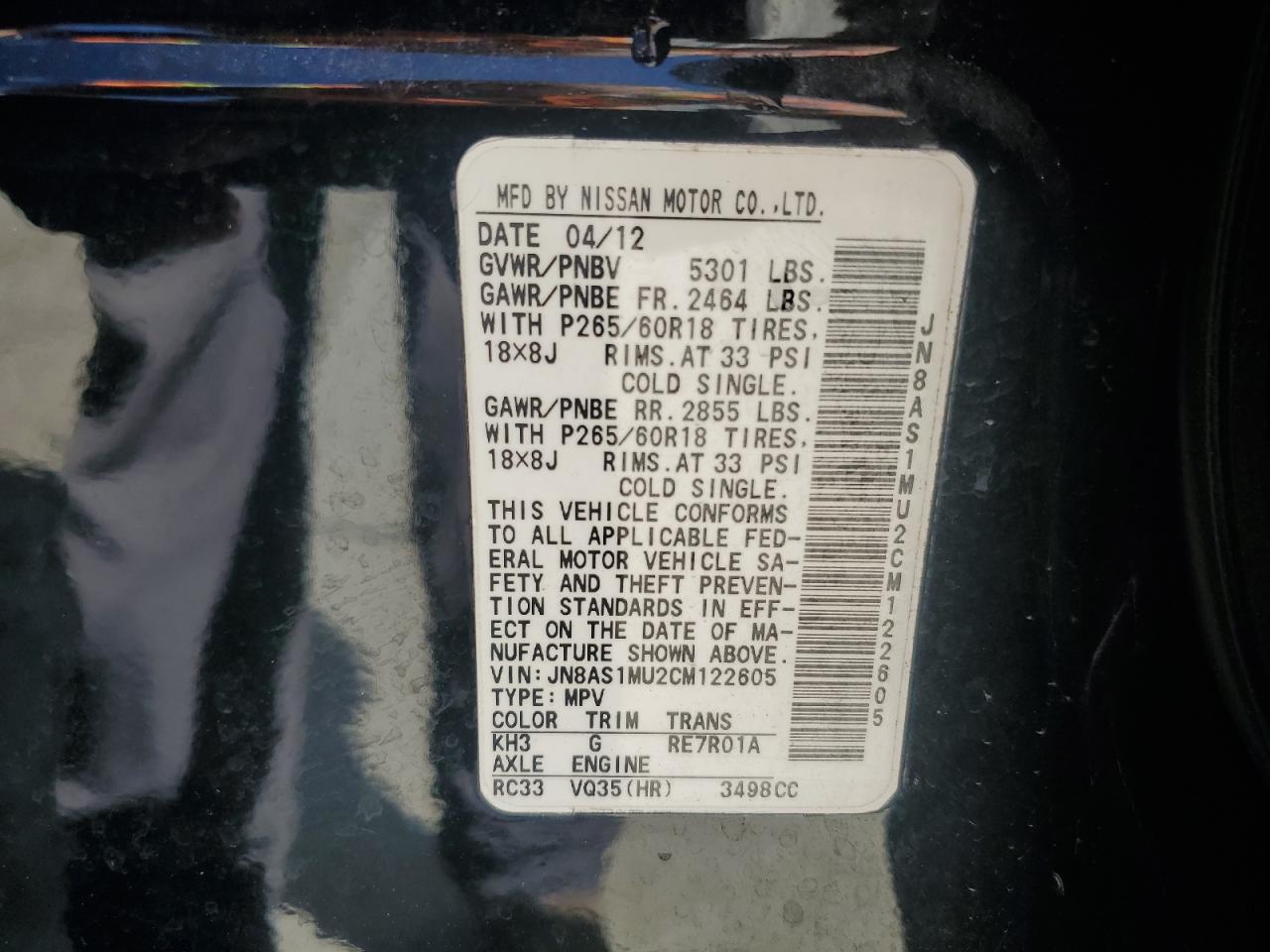 2012 Infiniti Fx35 VIN: JN8AS1MU2CM122605 Lot: 47178935