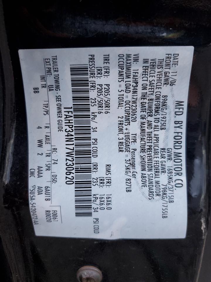 2007 Ford Focus Zx4 VIN: 1FAHP34N17W230620 Lot: 44468275
