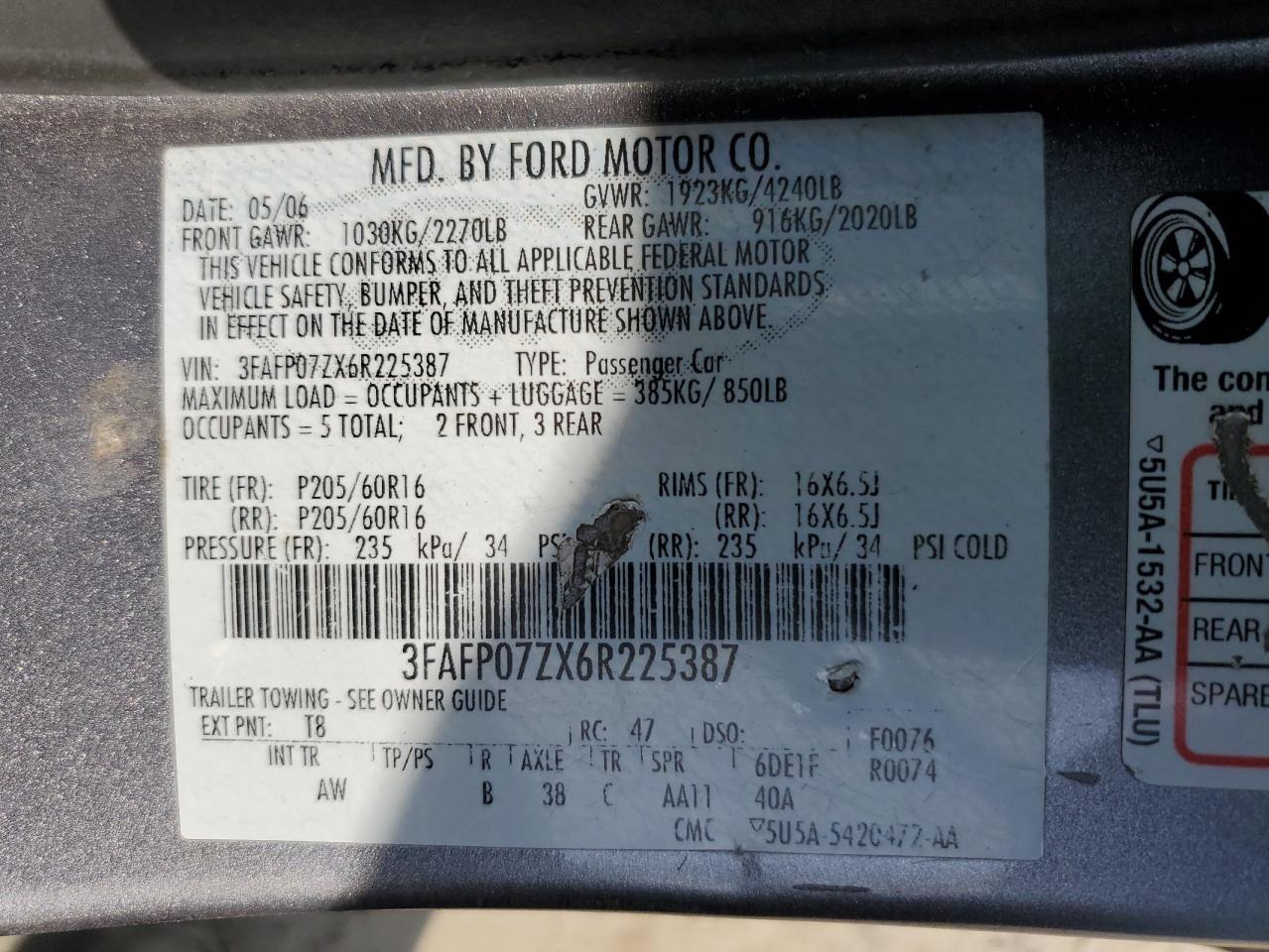 2006 Ford Fusion Se VIN: 3FAFP07ZX6R225387 Lot: 46850035