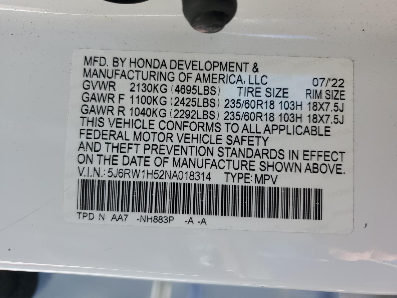 5J6RW1H52NA018314 HONDA CRV 2022