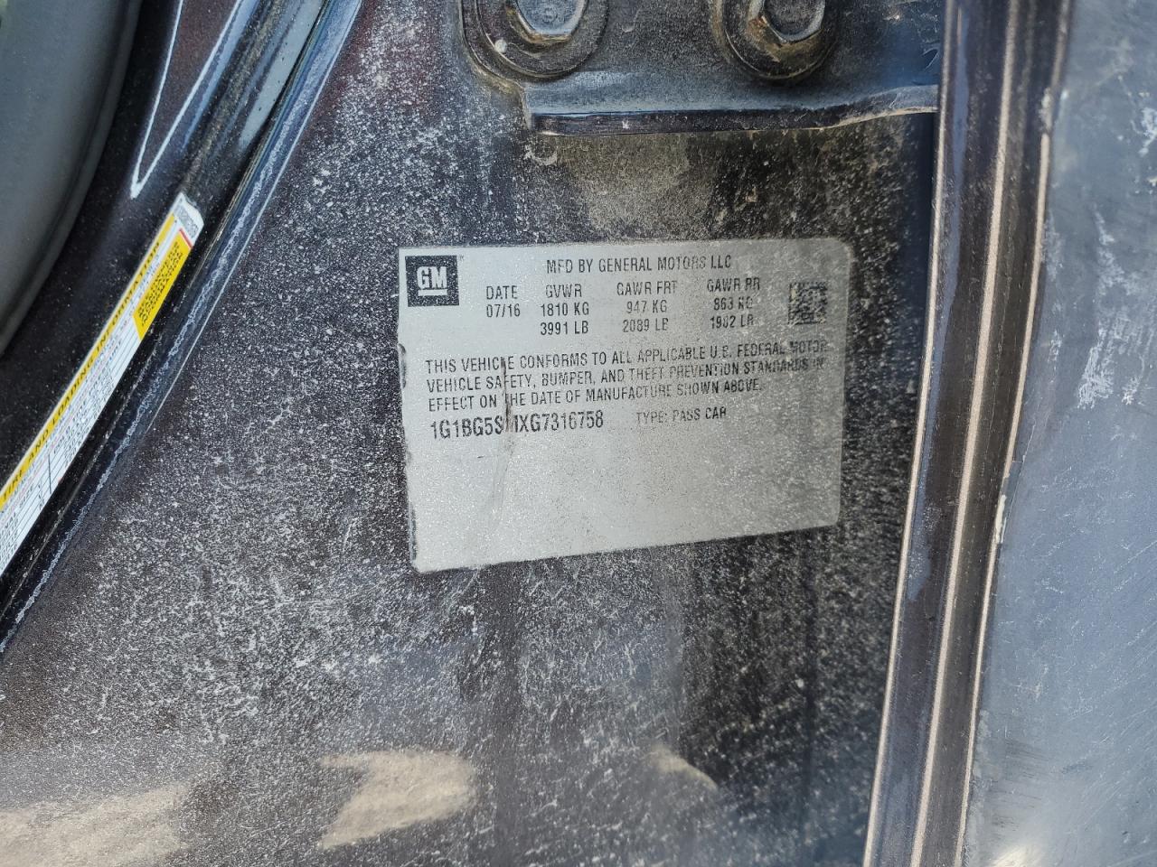 1G1BG5SMXG7316758 CHEVROLET CRUZE 2016